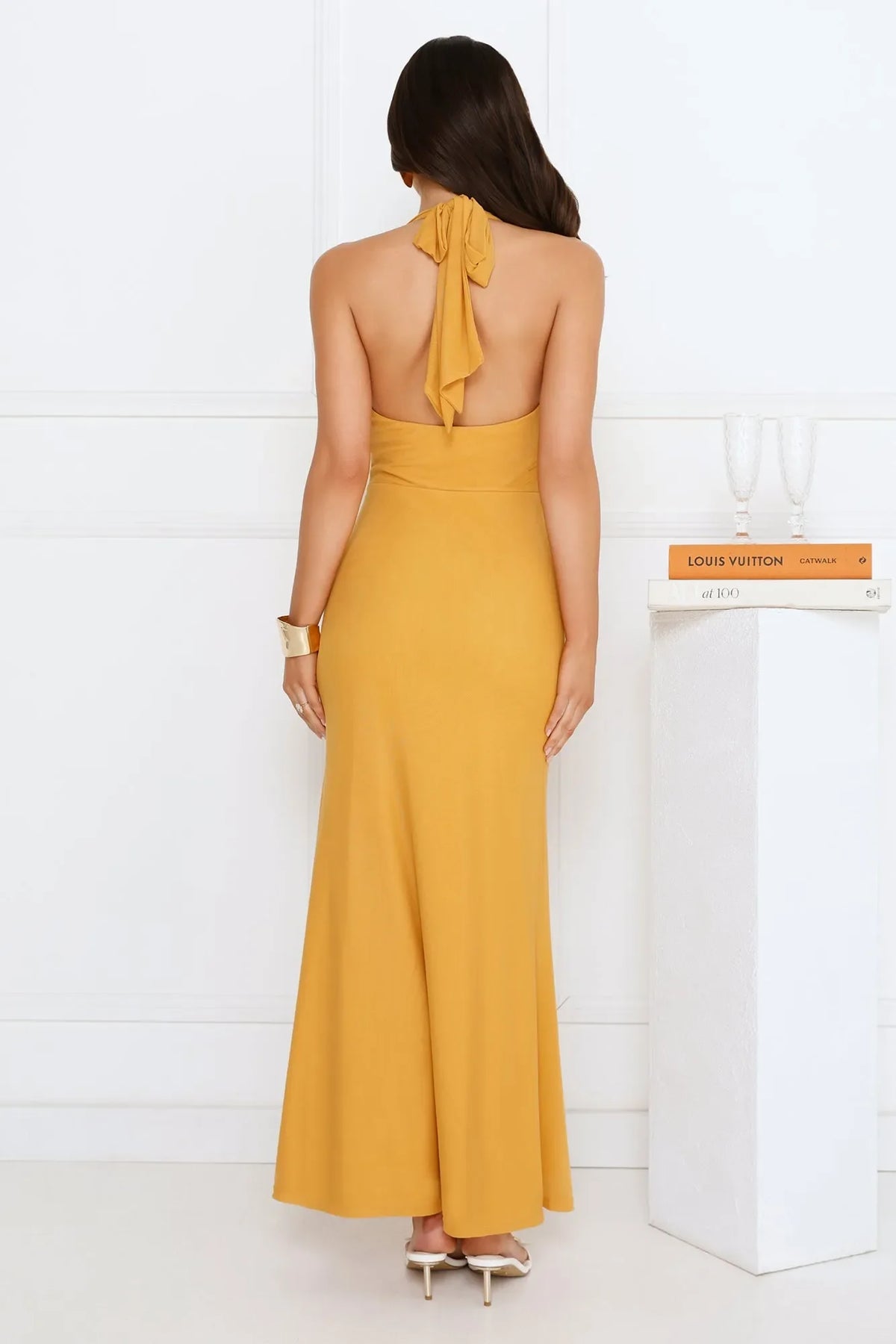 Orange Sheath Halter Neck Sleeveless Draped Tie Back Floor-Length Prom Dresses