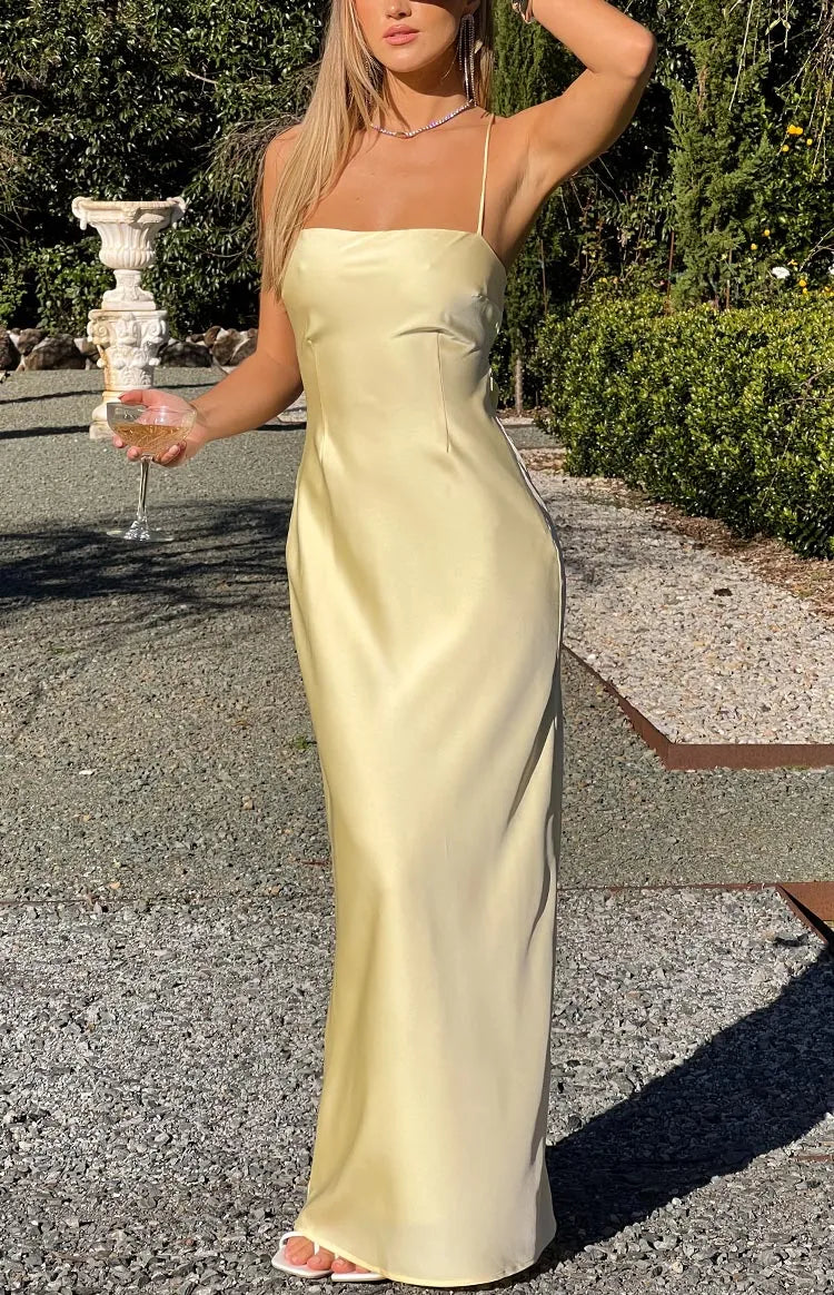 Yellow Pale Prom Dress Spaghetti Straps Square Neckline Floor Length Silhouette for a Sophisticated Glam Look