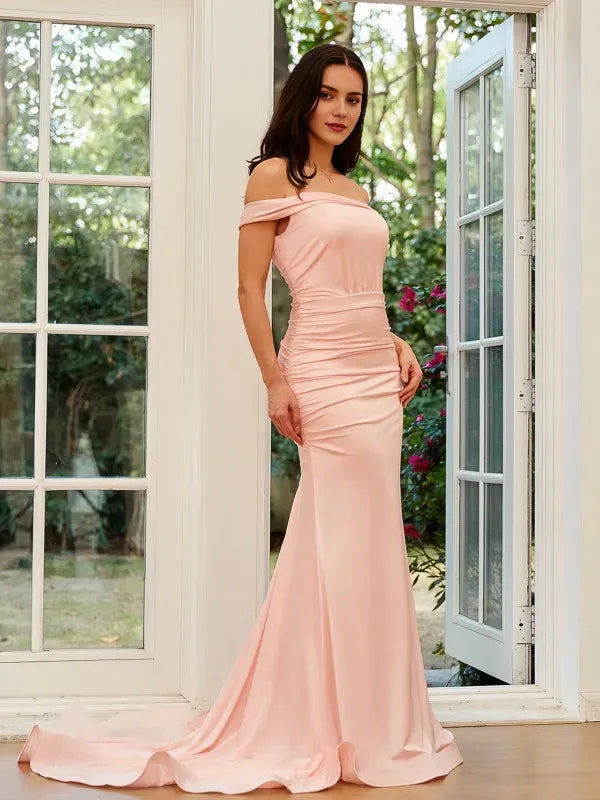 Pink Pearl Sheath One-Shoulder Sleeveless Back Zip Sweep/Brush Train Ruched Prom Dresses