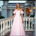 Pink A-Line Off-Shoulder Puff Sleeve Up Floor-Length Prom Dress Hot Sale