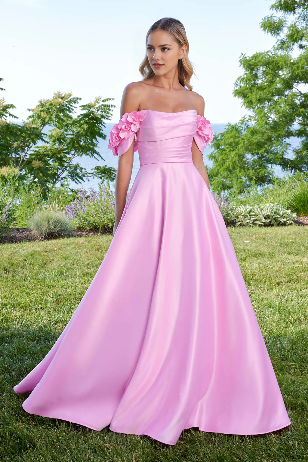 Pink A-Line Off-the-Shoulder Sleeveless Back Zip Floor-Length 3D Flower-Accent Prom Dresses