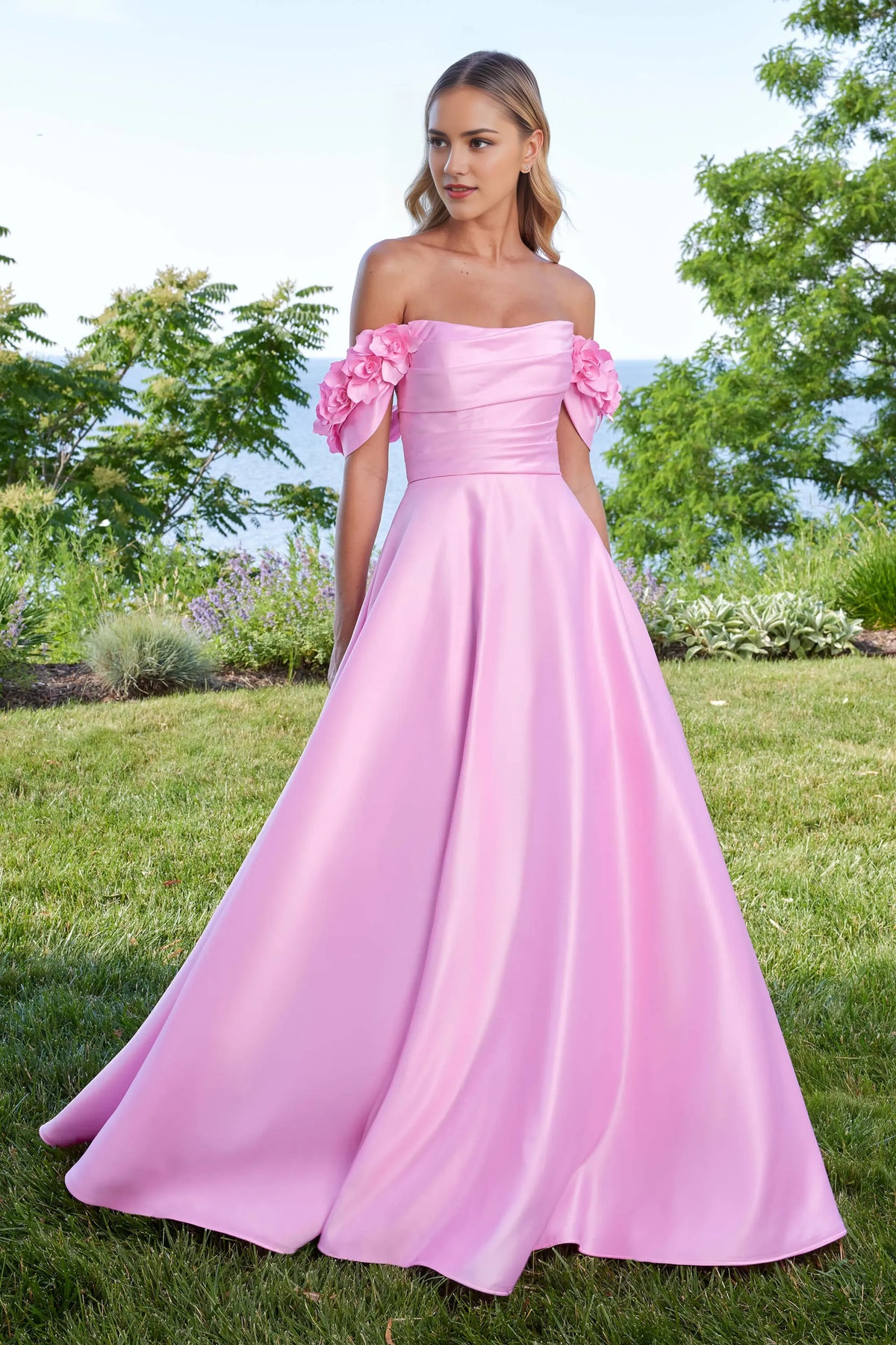 Pink A-Line Off-the-Shoulder Sleeveless Back Zip Floor-Length 3D Flower-Accent Prom Dresses