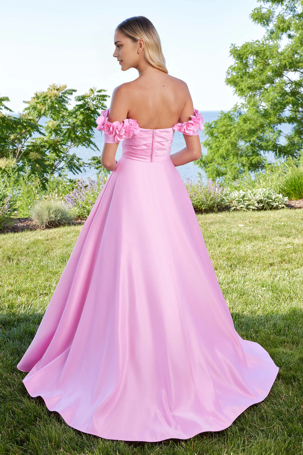 Pink A-Line Off-the-Shoulder Sleeveless Back Zip Floor-Length 3D Flower-Accent Prom Dresses