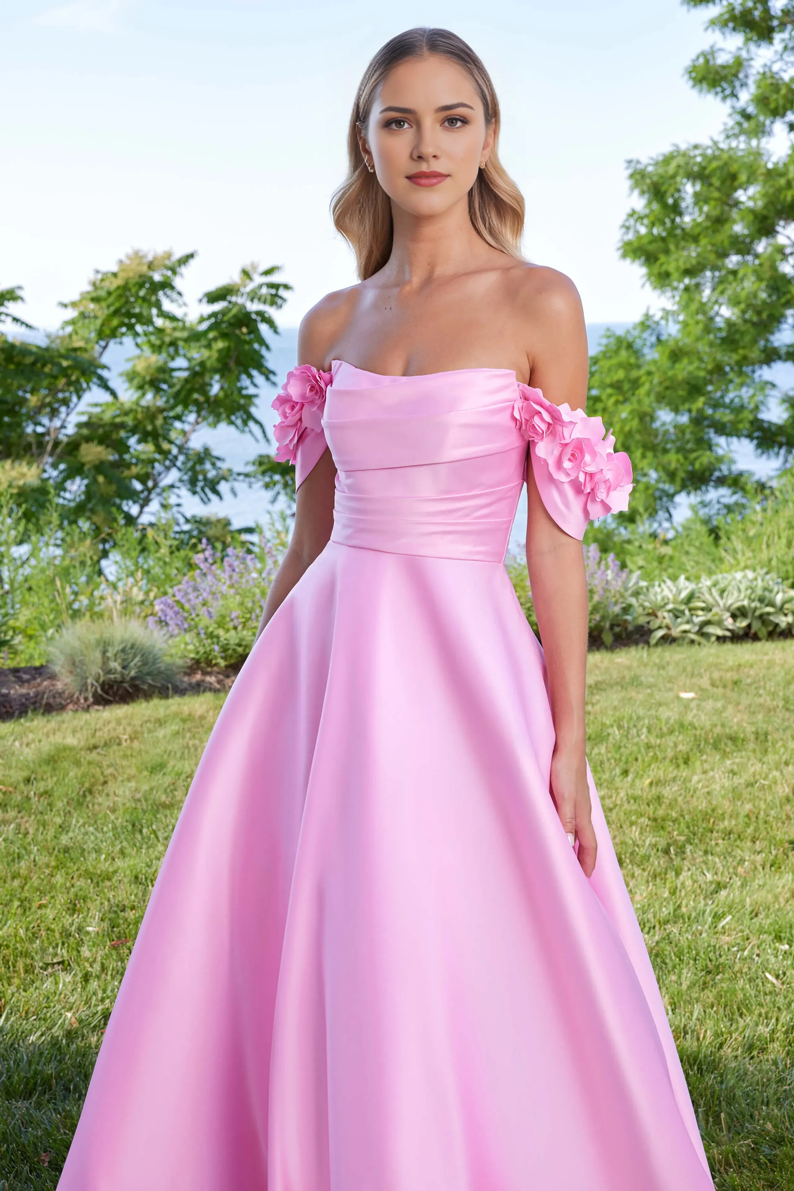 Pink A-Line Off-the-Shoulder Sleeveless Back Zip Floor-Length 3D Flower-Accent Prom Dresses