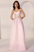 Pink A-Line Sweetheart Neck Spaghetti Strap Back Zip Floor-Length Floral Prom Dresses
