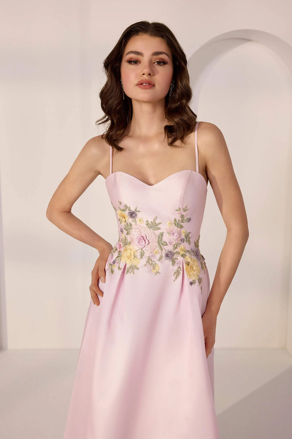 Pink A-Line Sweetheart Neck Spaghetti Strap Back Zip Floor-Length Floral Prom Dresses