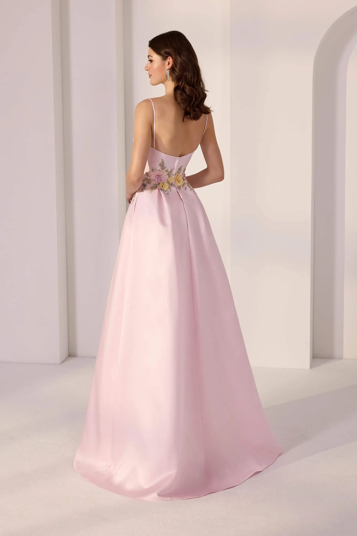 Pink A-Line Sweetheart Neck Spaghetti Strap Back Zip Floor-Length Floral Prom Dresses
