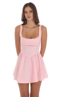 Pink Brocade Homecoming Dress Square Neckline Corset Bodice Flared Skirt for a Timeless School Dance Look