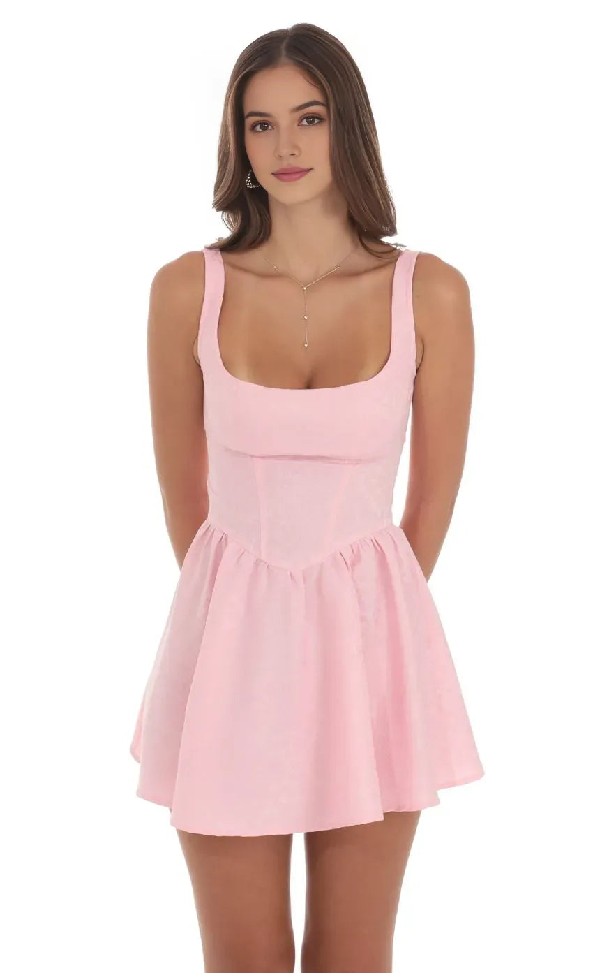 Pink Brocade Homecoming Dress Square Neckline Corset Bodice Flared Skirt for a Timeless School Dance Look