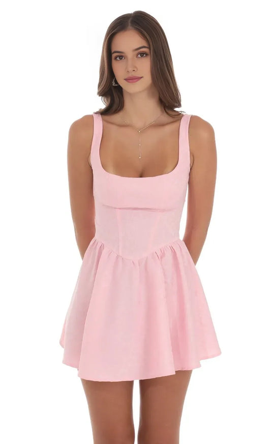 Elegant Pink Lace A-Line Square-Neck Classic-Sleeve Lace-Up-Back Floor-Length Homecoming Dress
