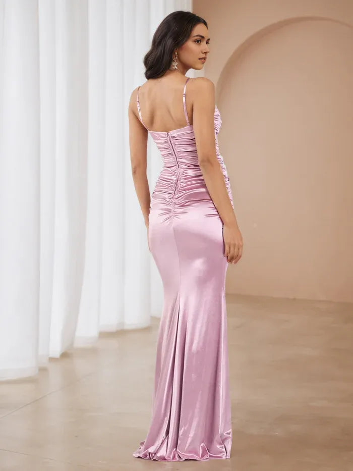 Pink Evening Dress Ruched Bodice Spaghetti Straps Understated Sophistication for Gala NightsElegant Pink Evening Dress Ruched Bodice Spaghetti Straps Understated Sophistication for Gala Nights