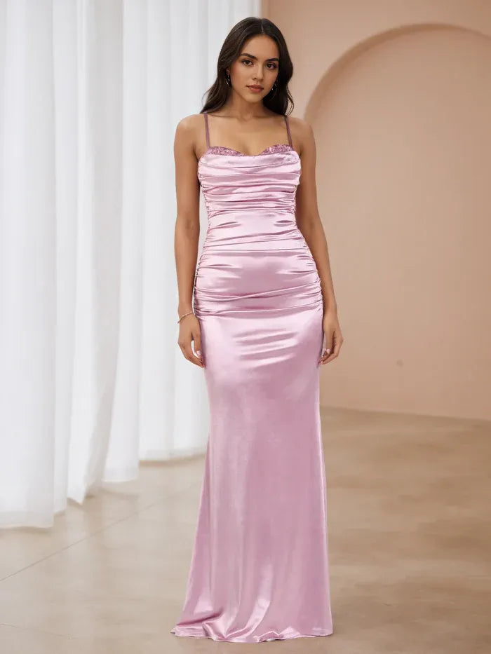 Pink Evening Dress Ruched Bodice Spaghetti Straps Understated Sophistication for Gala NightsElegant Pink Evening Dress Ruched Bodice Spaghetti Straps Understated Sophistication for Gala Nights