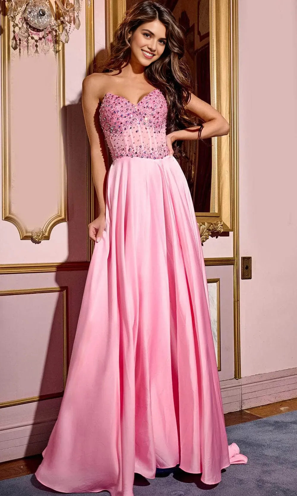 Pink Prom Dress with Strapless Bodice Sweetheart Neckline & Flowy Skirt for Formal Galas