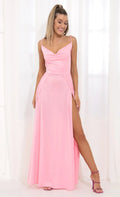 Pink Prom Gown featuring Spaghetti Straps Cowl Neck Side Pleats and High Slit Skirt to Elevate Your Prom Night
