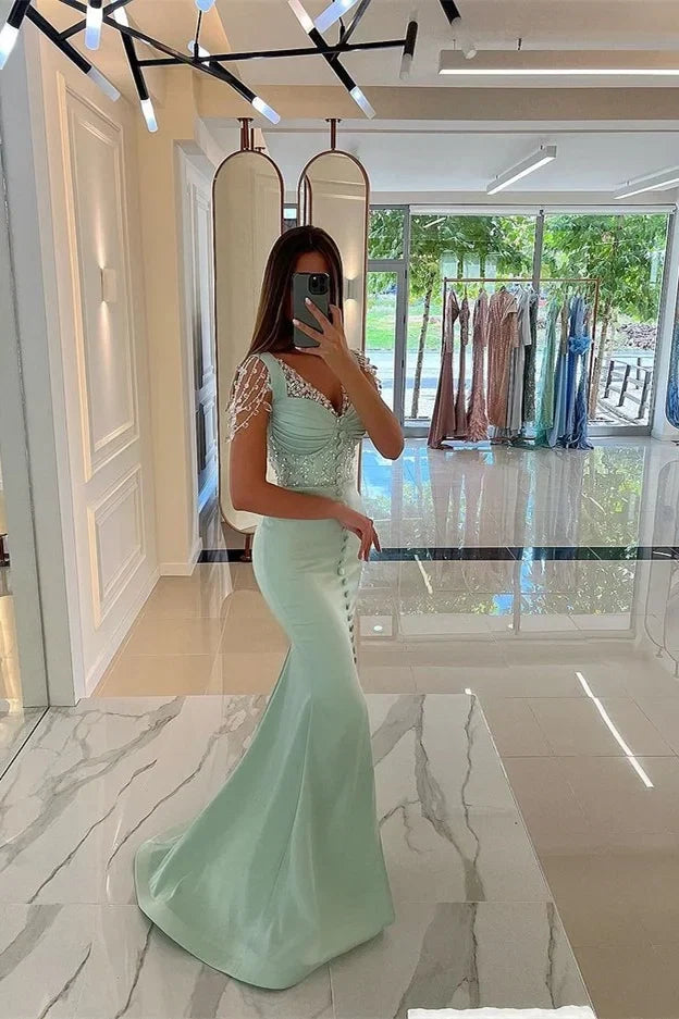 Mint Mermaid Cap Sleeve Beaded Party Dress