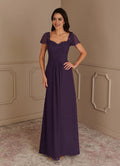 Plum A-Line Mother of the Bride Dress Sweetheart Neckline Sheer Short Sleeves - Bodice Flowy Skirt