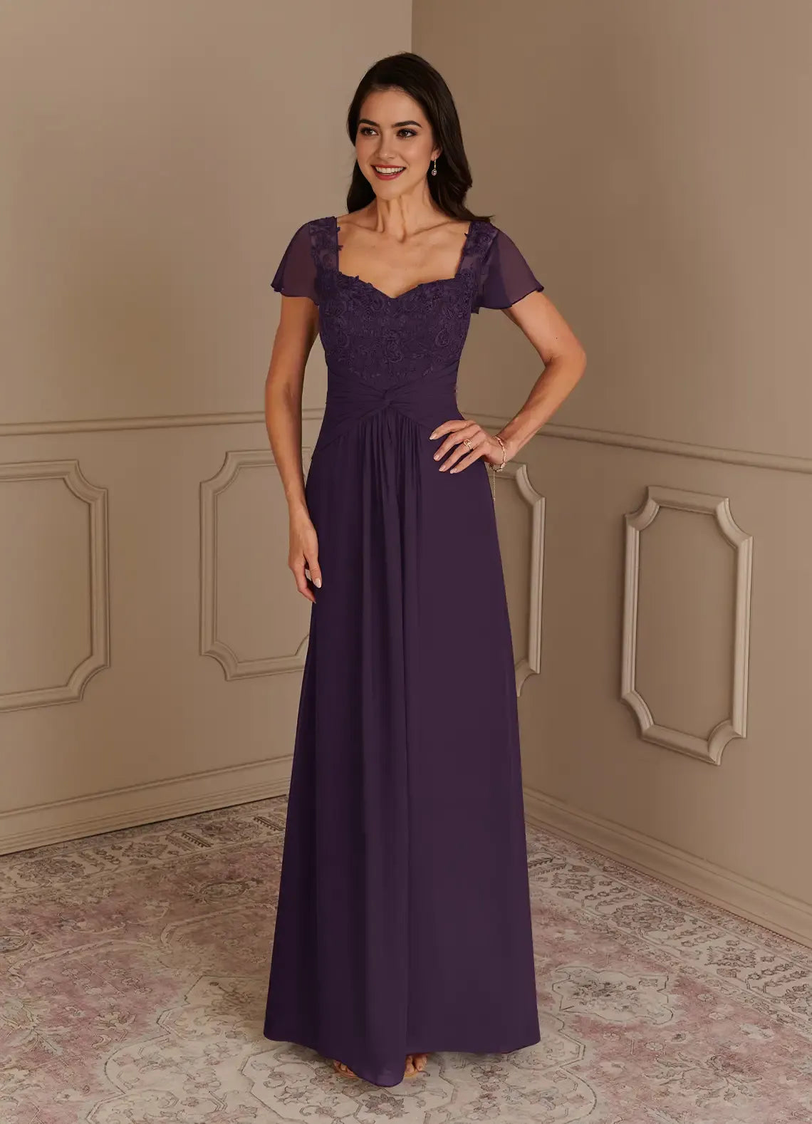 Plum A-Line Mother of the Bride Dress Sweetheart Neckline Sheer Short Sleeves - Bodice Flowy Skirt