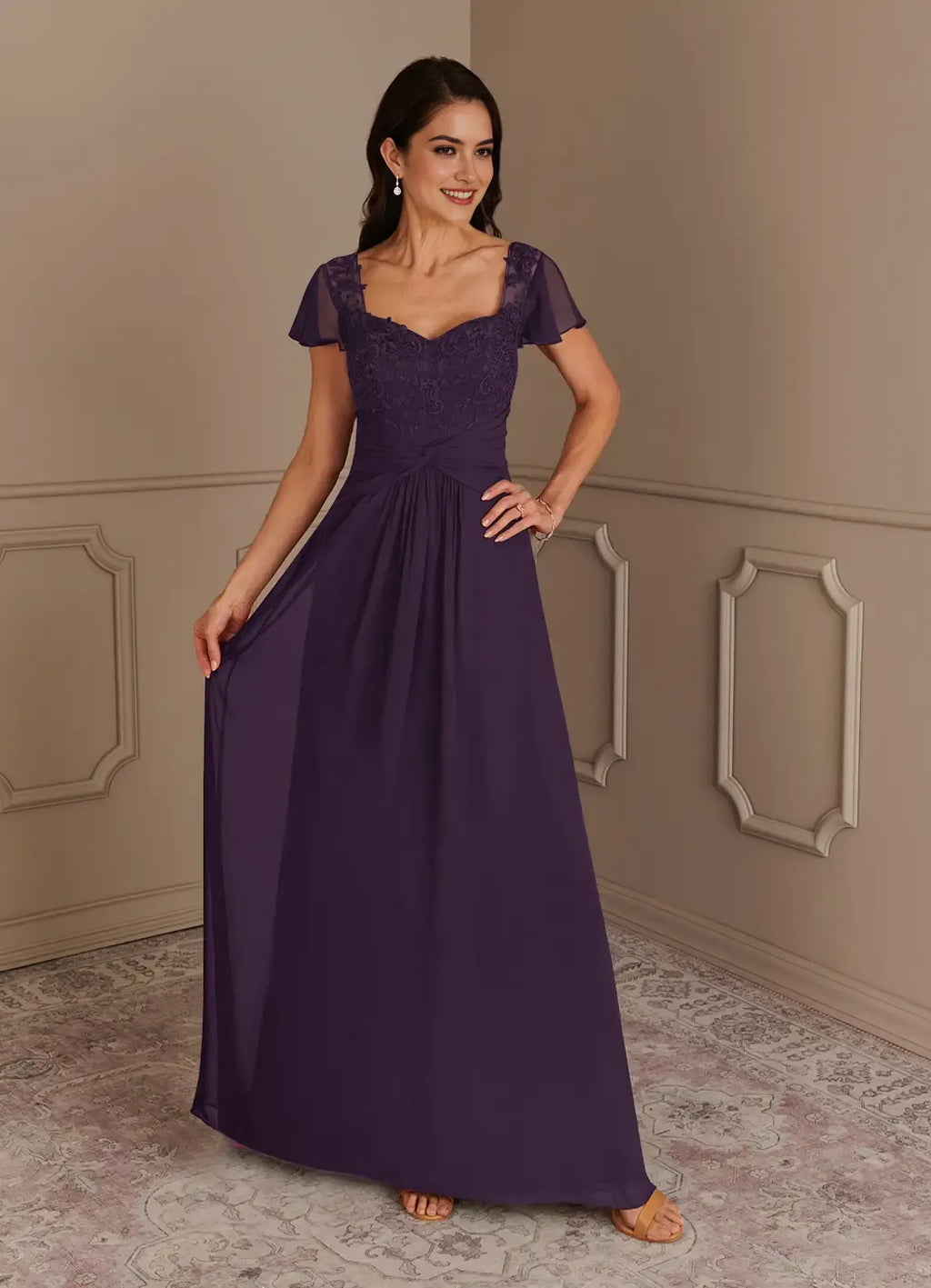 Plum A-Line Mother of the Bride Dress Sweetheart Neckline Sheer Short Sleeves - Bodice Flowy Skirt