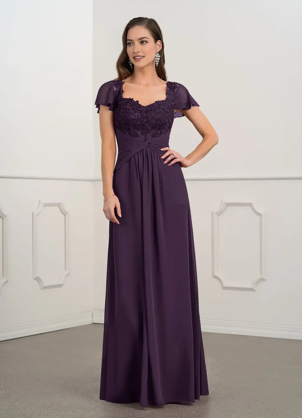 Plum A-Line Mother of the Bride Dress Sweetheart Neckline Sheer Short Sleeves - Bodice Flowy Skirt