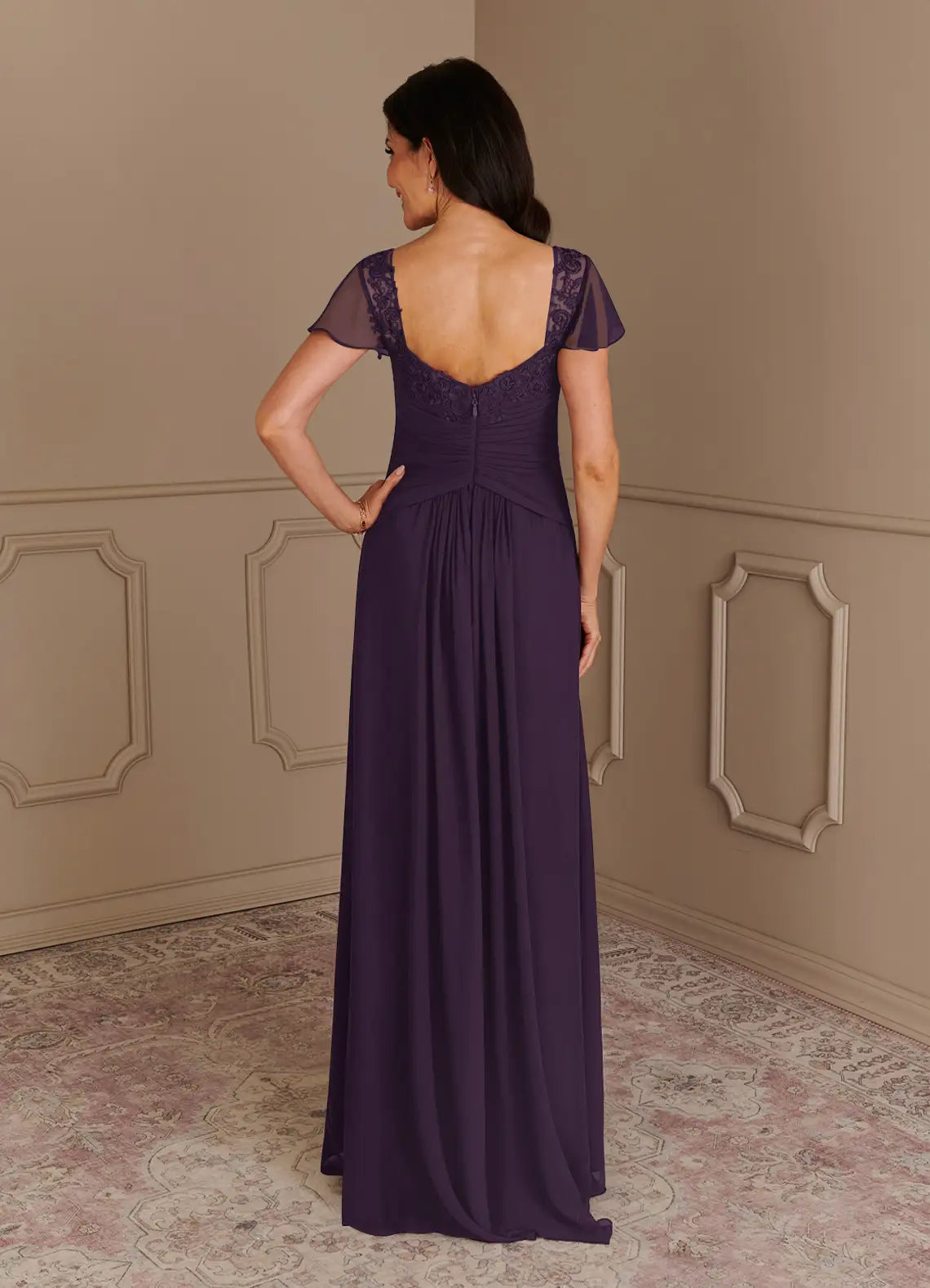 Plum A-Line Mother of the Bride Dress Sweetheart Neckline Sheer Short Sleeves - Bodice Flowy Skirt