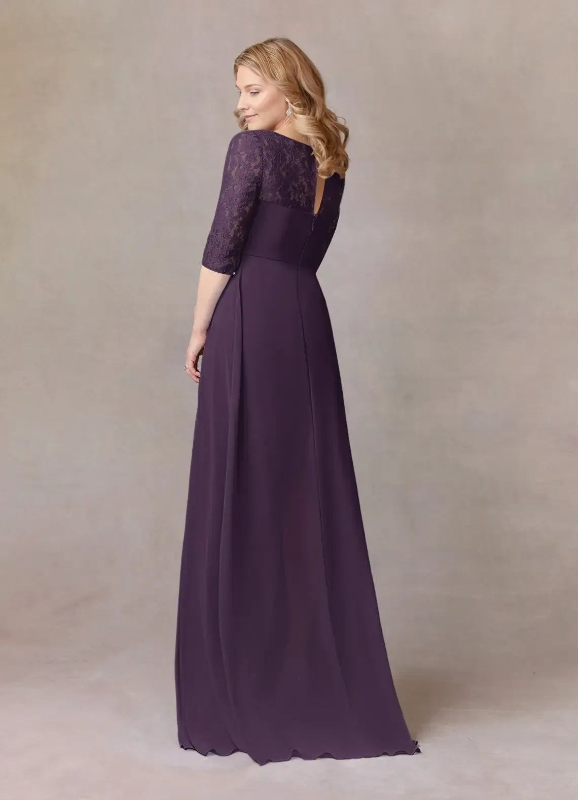 Plum A-Line Scoop Mother of the Bride Dress with Overlay Boat Neckline 3/4 Sleeves