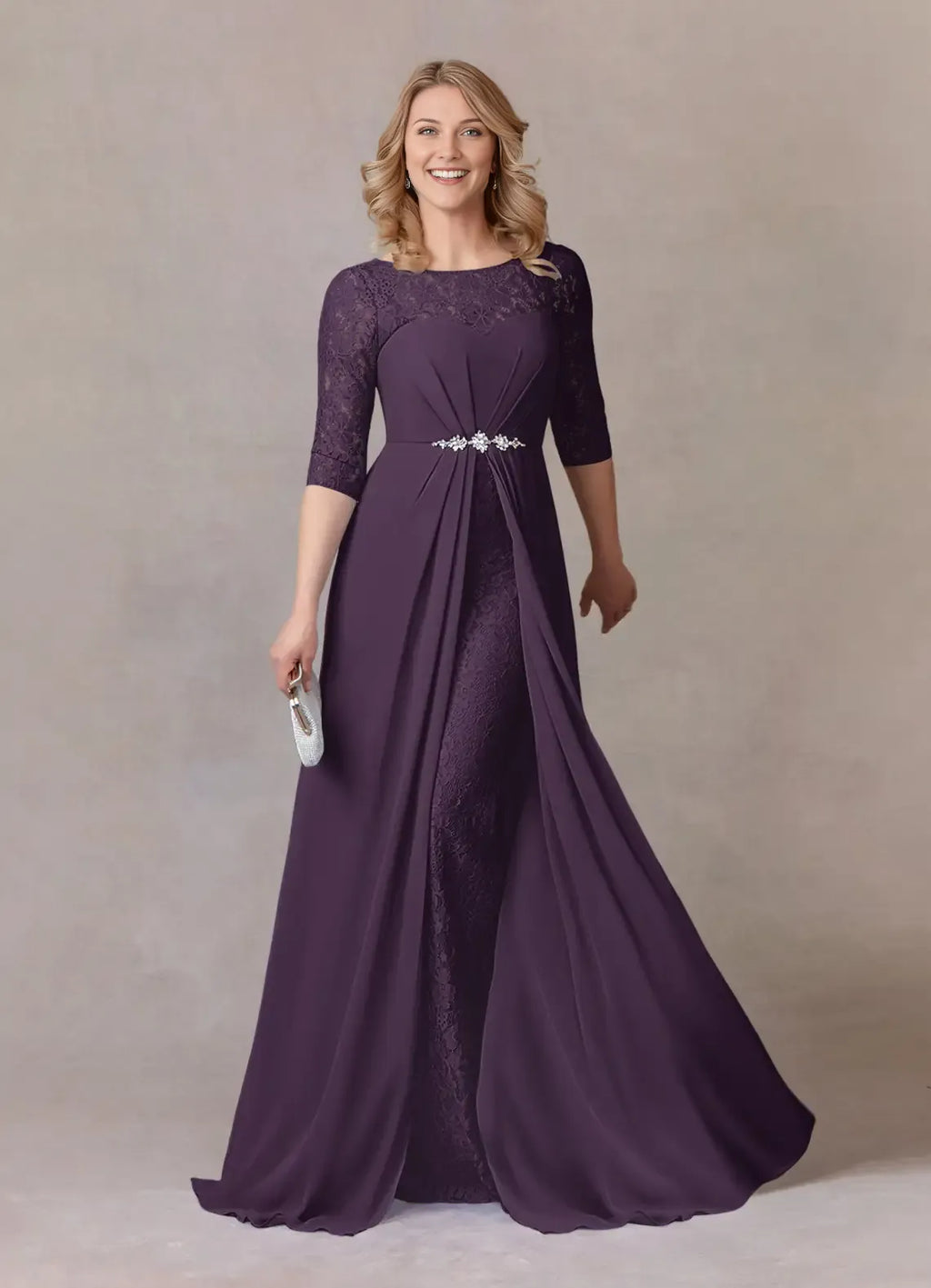 Plum A-Line Scoop Mother of the Bride Dress with Overlay Boat Neckline 3/4 Sleeves