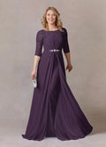Plum A-Line Scoop Mother of the Bride Dress with Overlay Boat Neckline 3/4 Sleeves