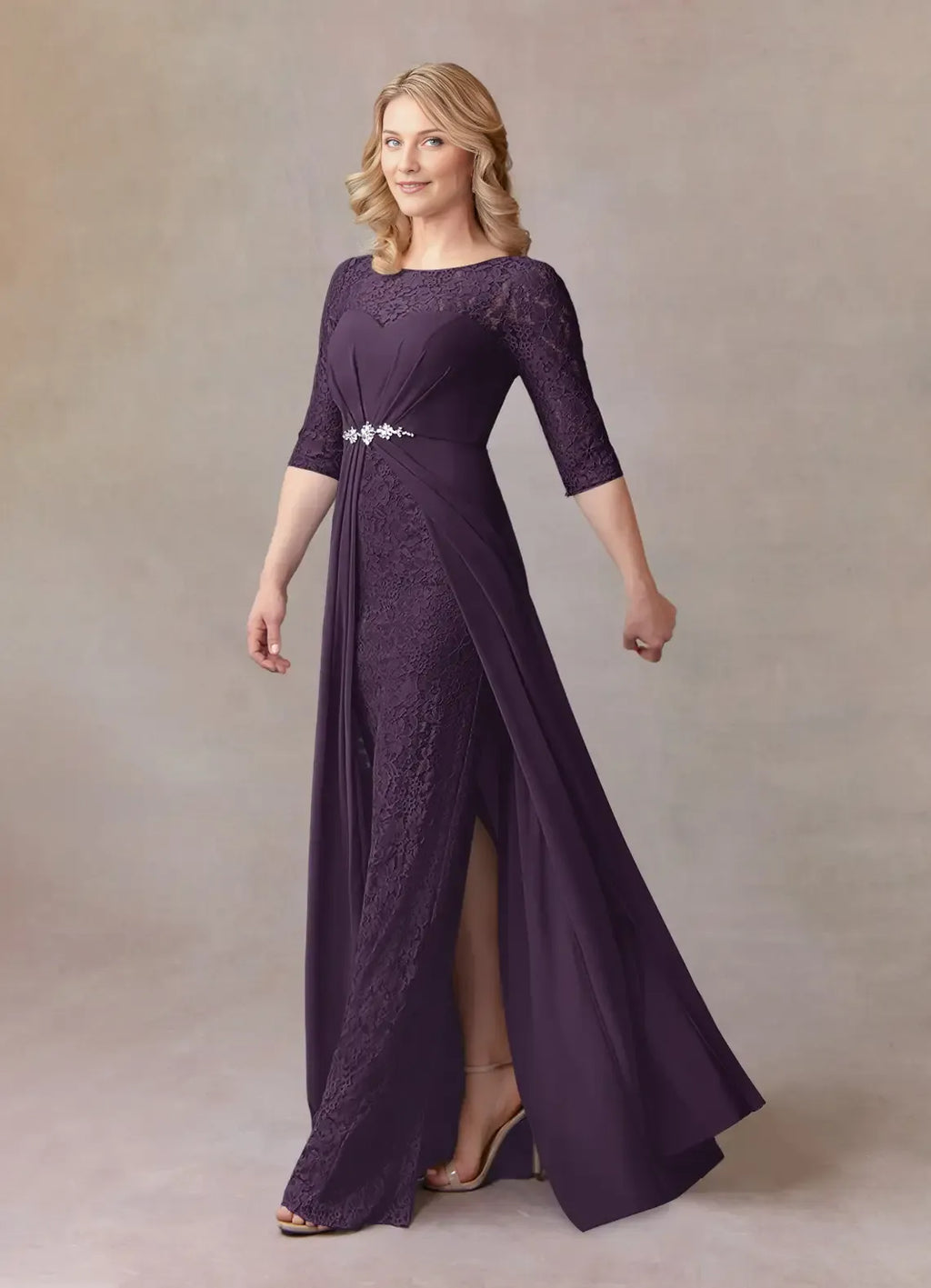 Plum A-Line Scoop Mother of the Bride Dress with Overlay Boat Neckline 3/4 Sleeves