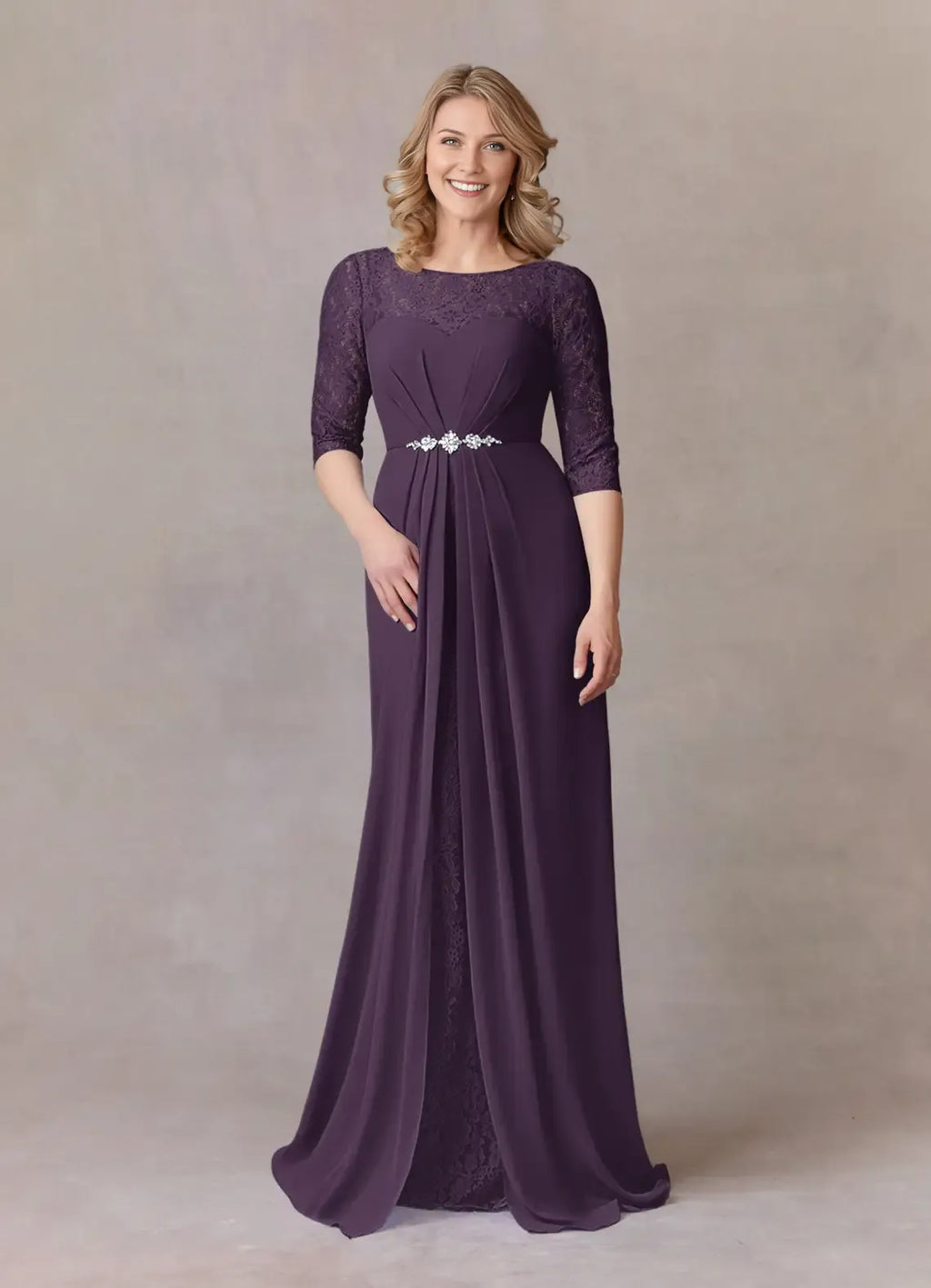 Plum A-Line Scoop Mother of the Bride Dress with Overlay Boat Neckline 3/4 Sleeves