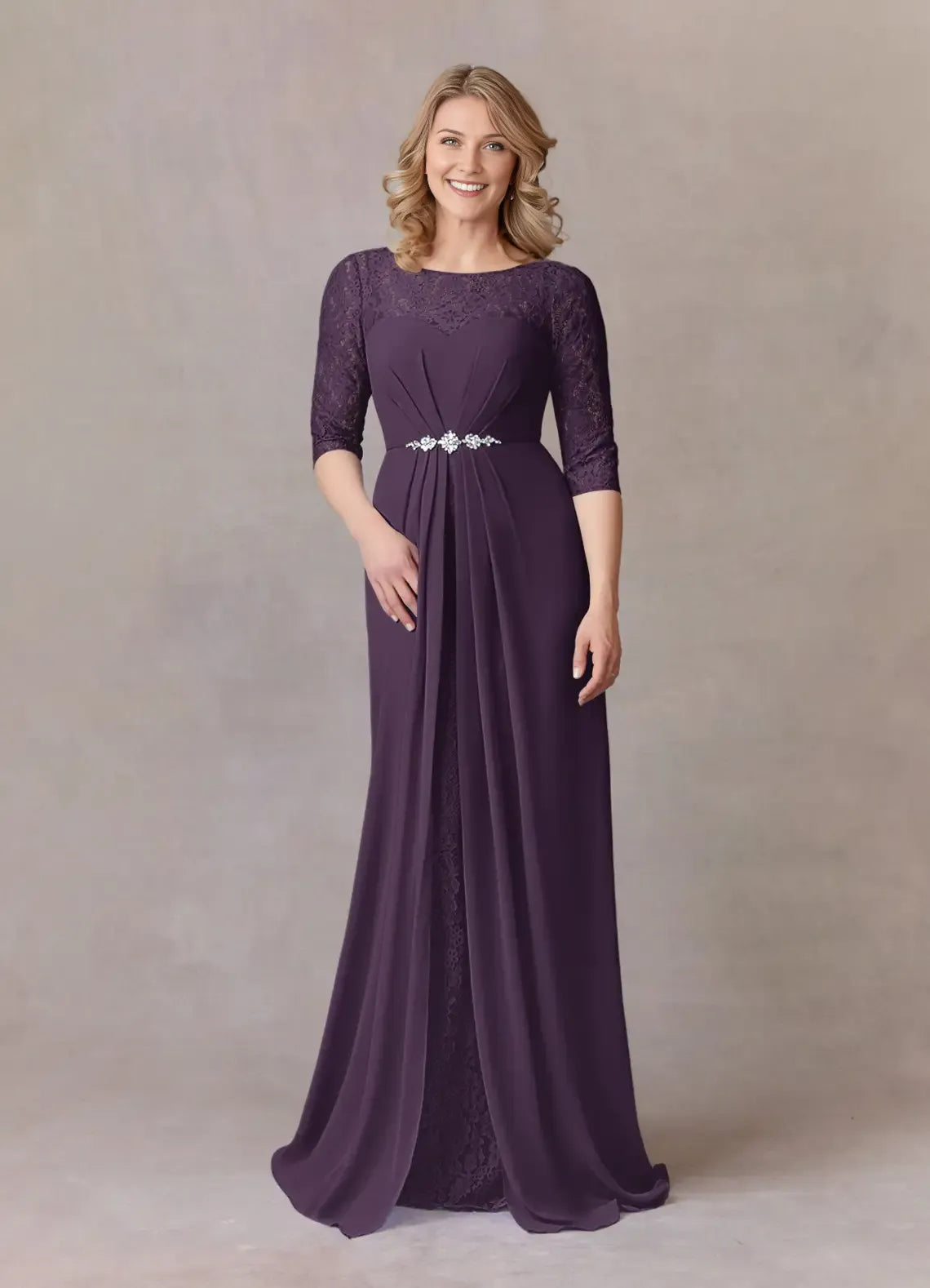 Plum A-Line Scoop Mother of the Bride Dress with Overlay Boat Neckline 3/4 Sleeves