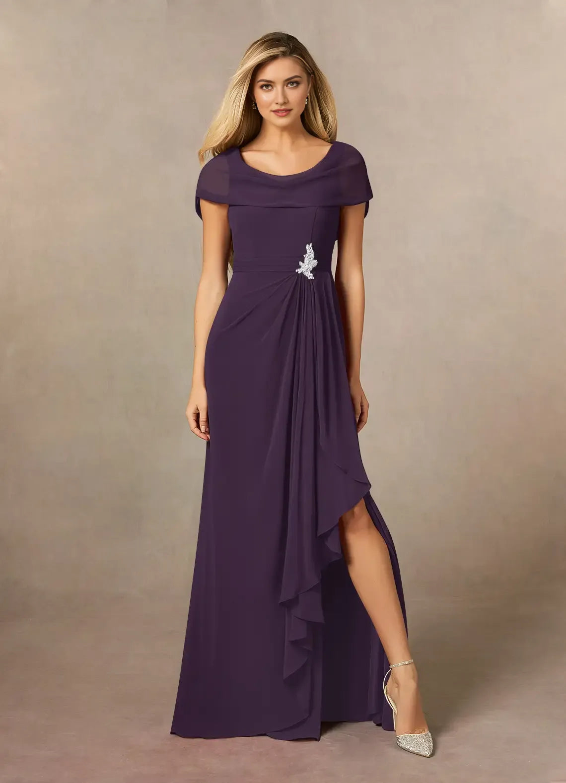 Plum A-Line Side Slit Mother of the Bride Dresses Ruched Ruffle Slit Detail
