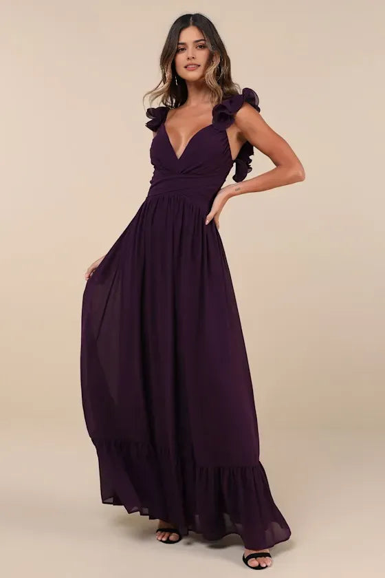 Plum Evening Dress with Deep V - Neck Ruffled Straps Tiered Maxi Skirt Perfect for Sophisticated Formal Galas