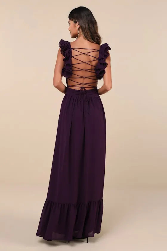 Plum Evening Dress with Deep V - Neck Ruffled Straps Tiered Maxi Skirt Perfect for Sophisticated Formal Galas