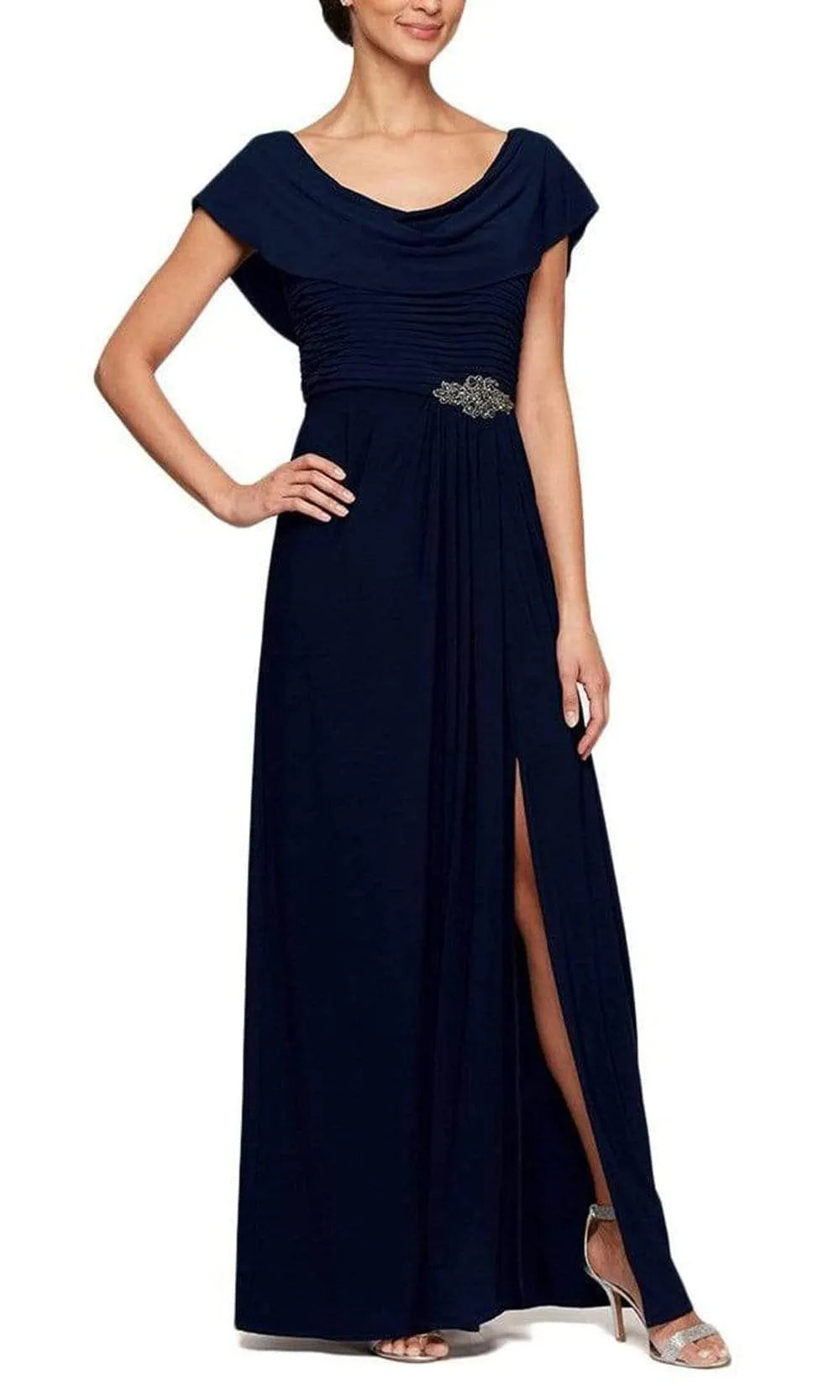 Plum Cowl Neck Evening Dress with Ruched Bodice Belt and Side Slit for Formal Occasions