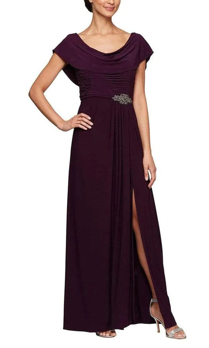 Plum Cowl Neck Evening Dress with Ruched Bodice Belt and Side Slit for Formal Occasions