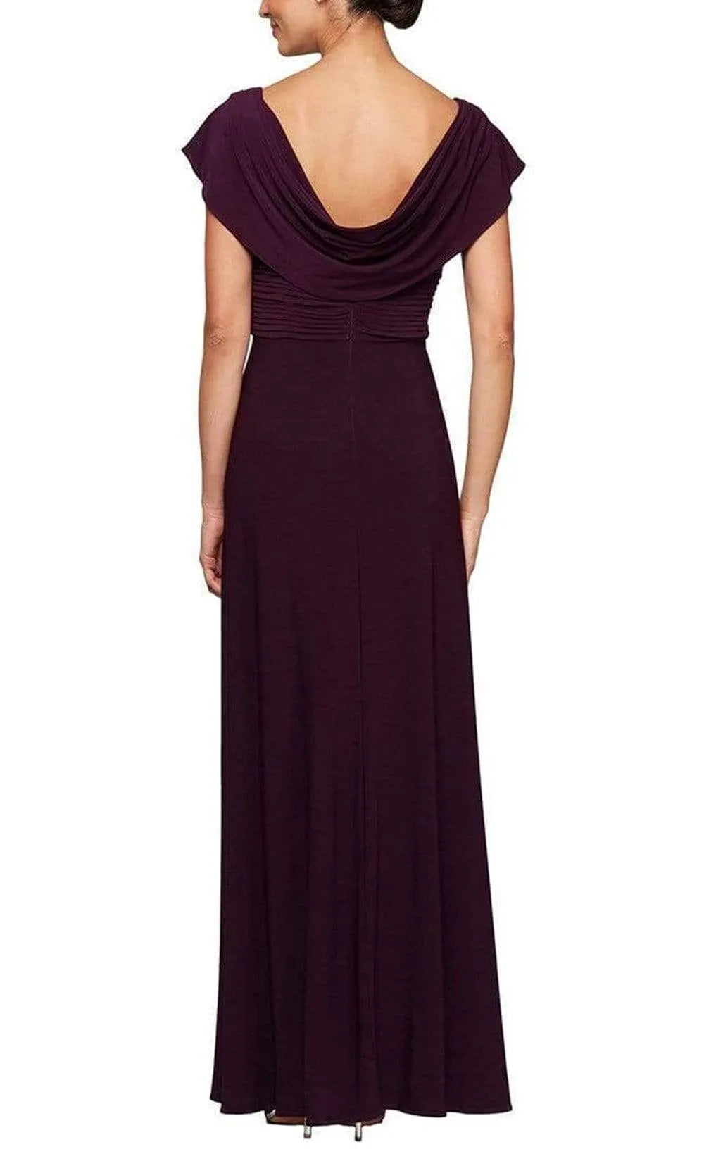 Plum Cowl Neck Evening Dress with Ruched Bodice Belt and Side Slit for Formal Occasions
