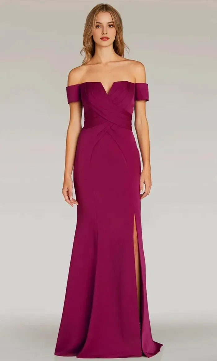 Plum Off Shoulder Mermaid Evening Dress with Cross Draped Bodice and High Side Slit