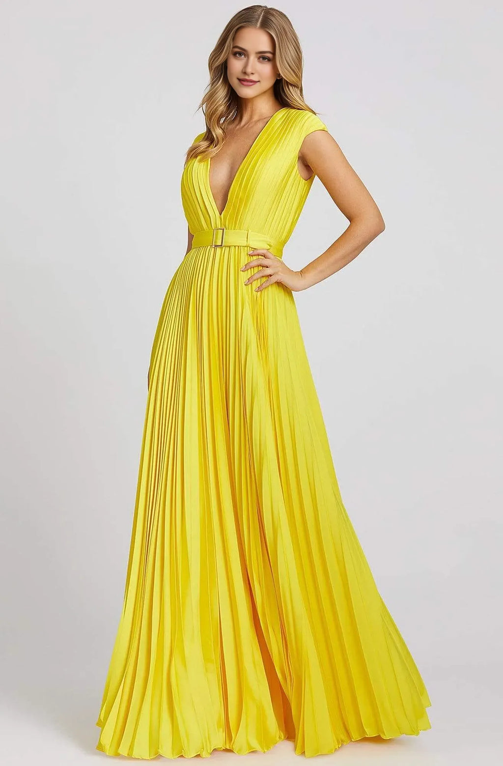 Plum Pleated Prom Dress with Deep V Neck Cap Sleeves and Belted Waist Perfect for Formal Evening Occasions