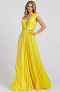 Plum Pleated Prom Dress with Deep V Neck Cap Sleeves and Belted Waist Perfect for Formal Evening Occasions