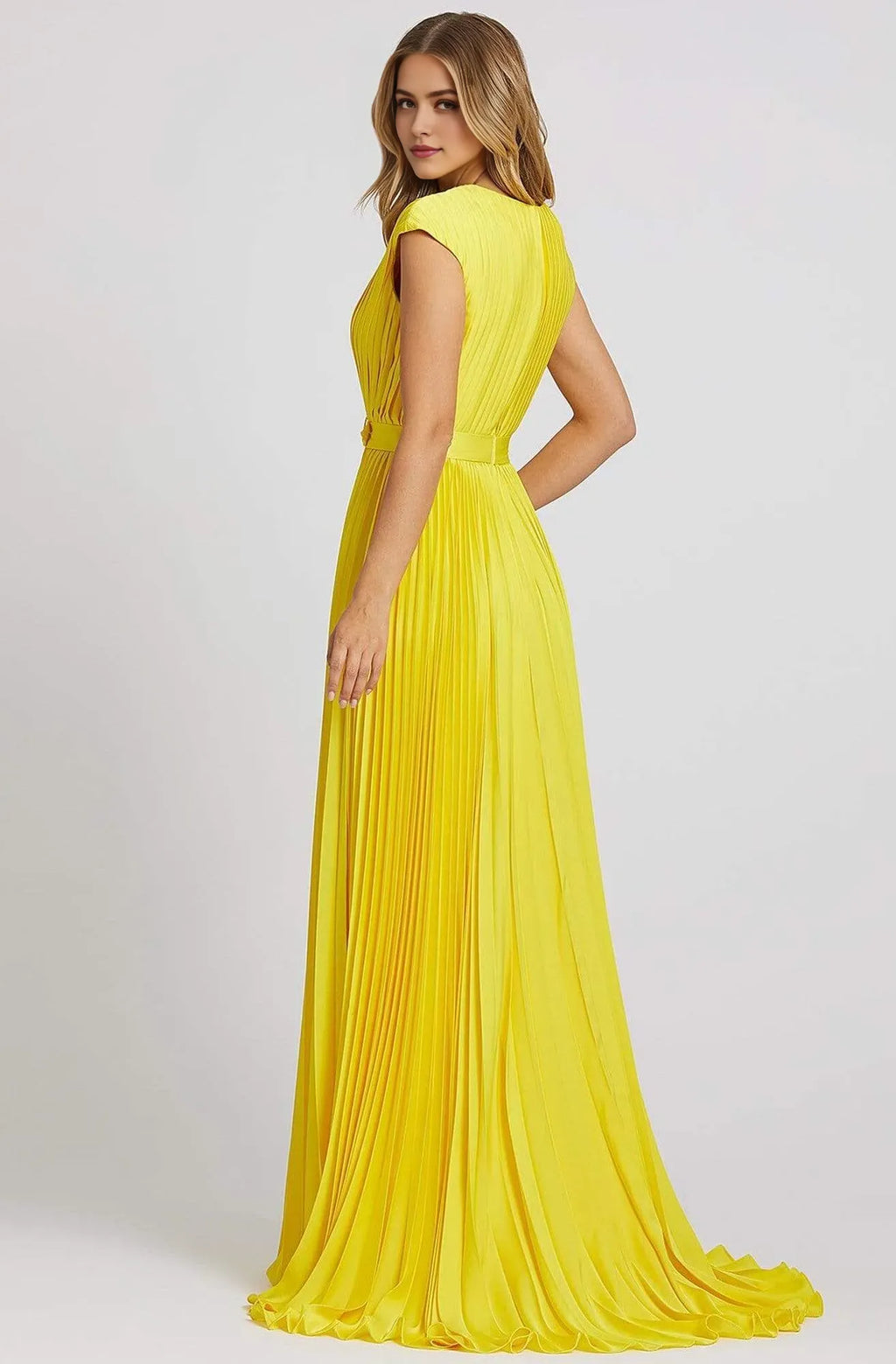 Plum Pleated Prom Dress with Deep V Neck Cap Sleeves and Belted Waist Perfect for Formal Evening Occasions