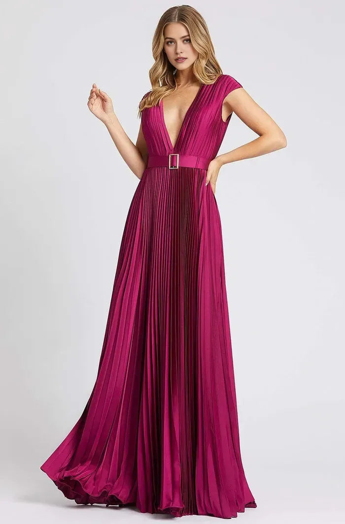 Plum Pleated Prom Dress with Deep V Neck Cap Sleeves and Belted Waist Perfect for Formal Evening Occasions
