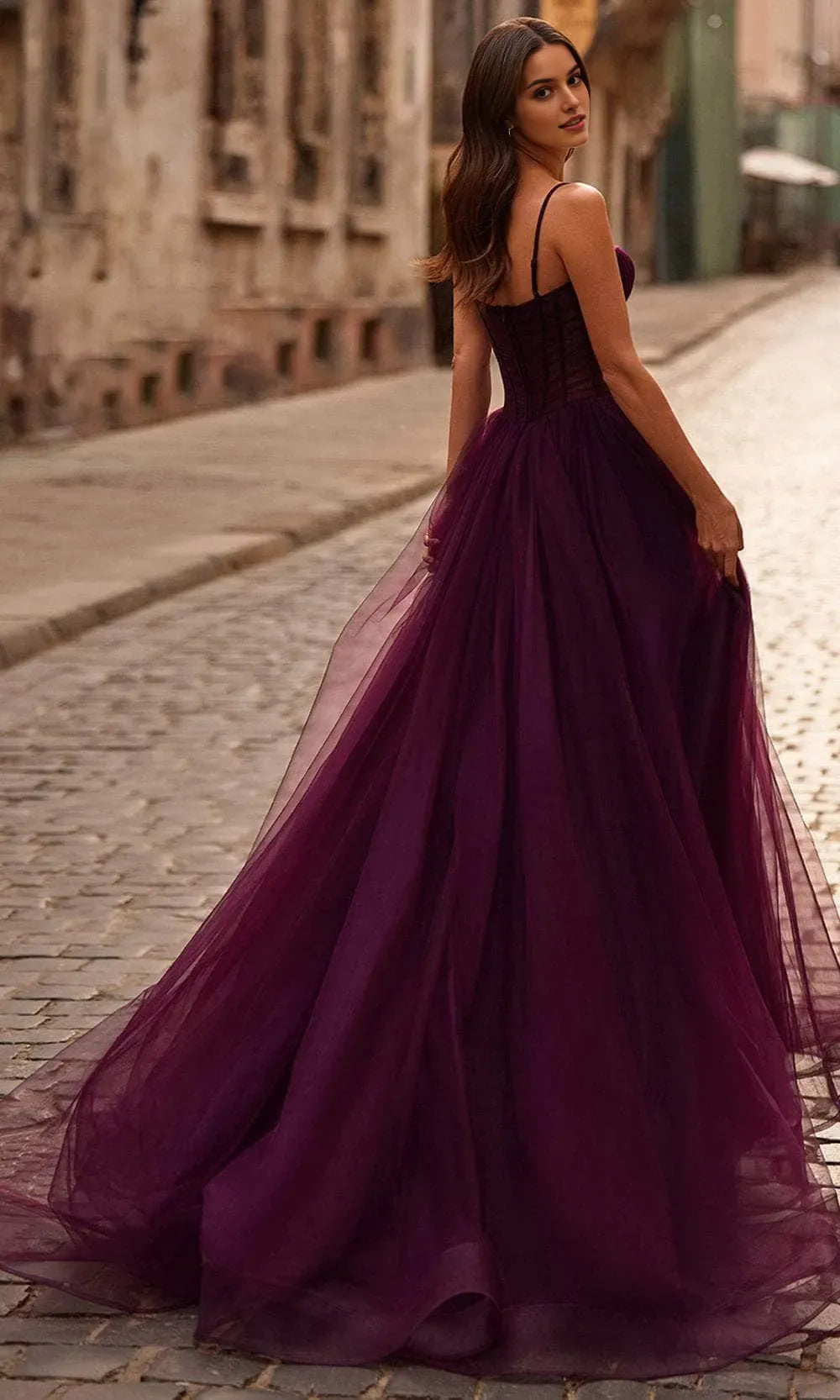 Purple Purple Ball Gown with Corset Bodice and High Slit for Prom Nights