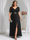 Plus-Size A-Line V -Neck Flutter Sleeve Back Zip Waist Decoration Ruched Bodice Slit Floor-Length Prom Dresses