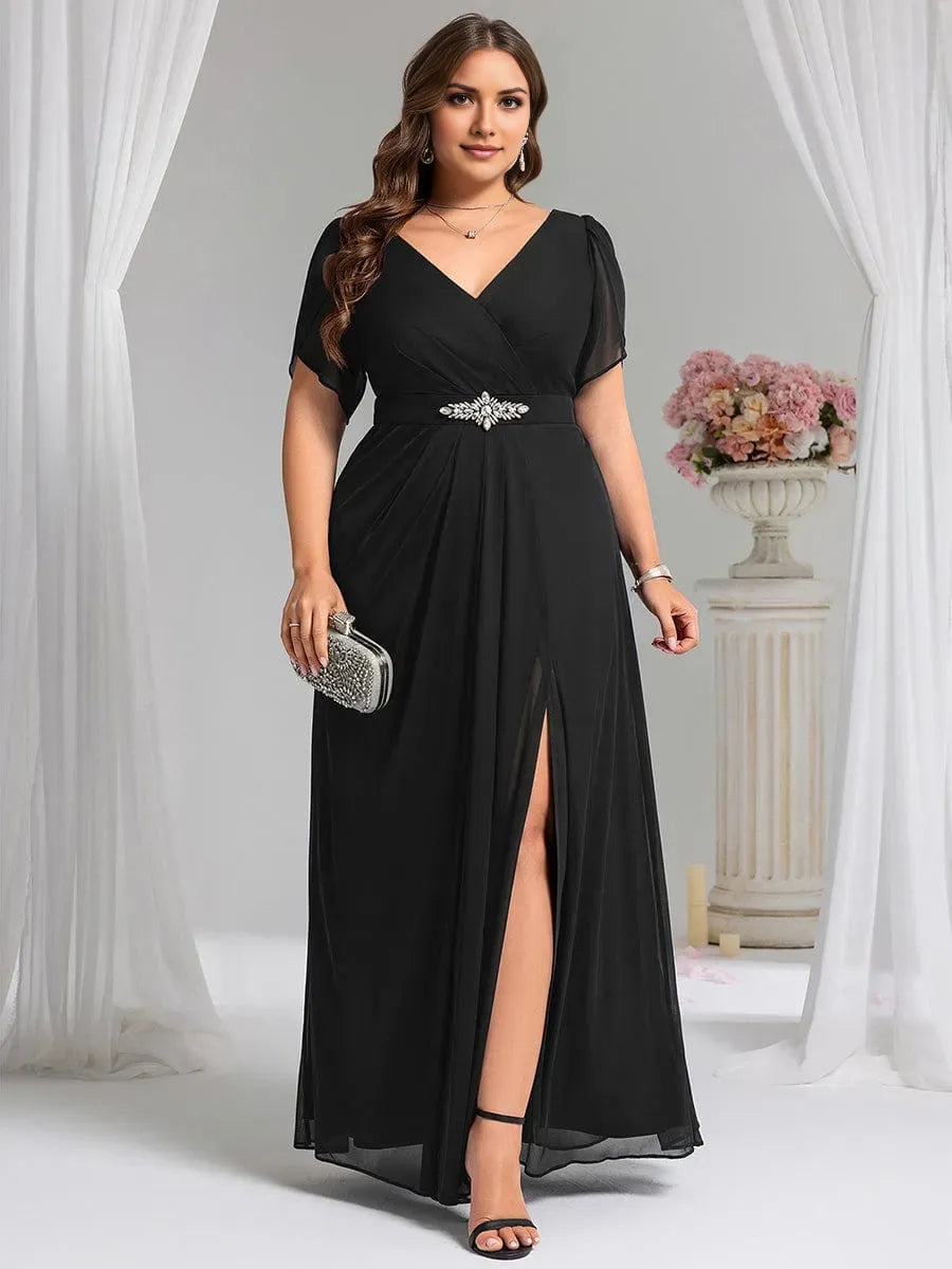 Plus-Size A-Line V -Neck Flutter Sleeve Back Zip Waist Decoration Ruched Bodice Slit Floor-Length Prom Dresses