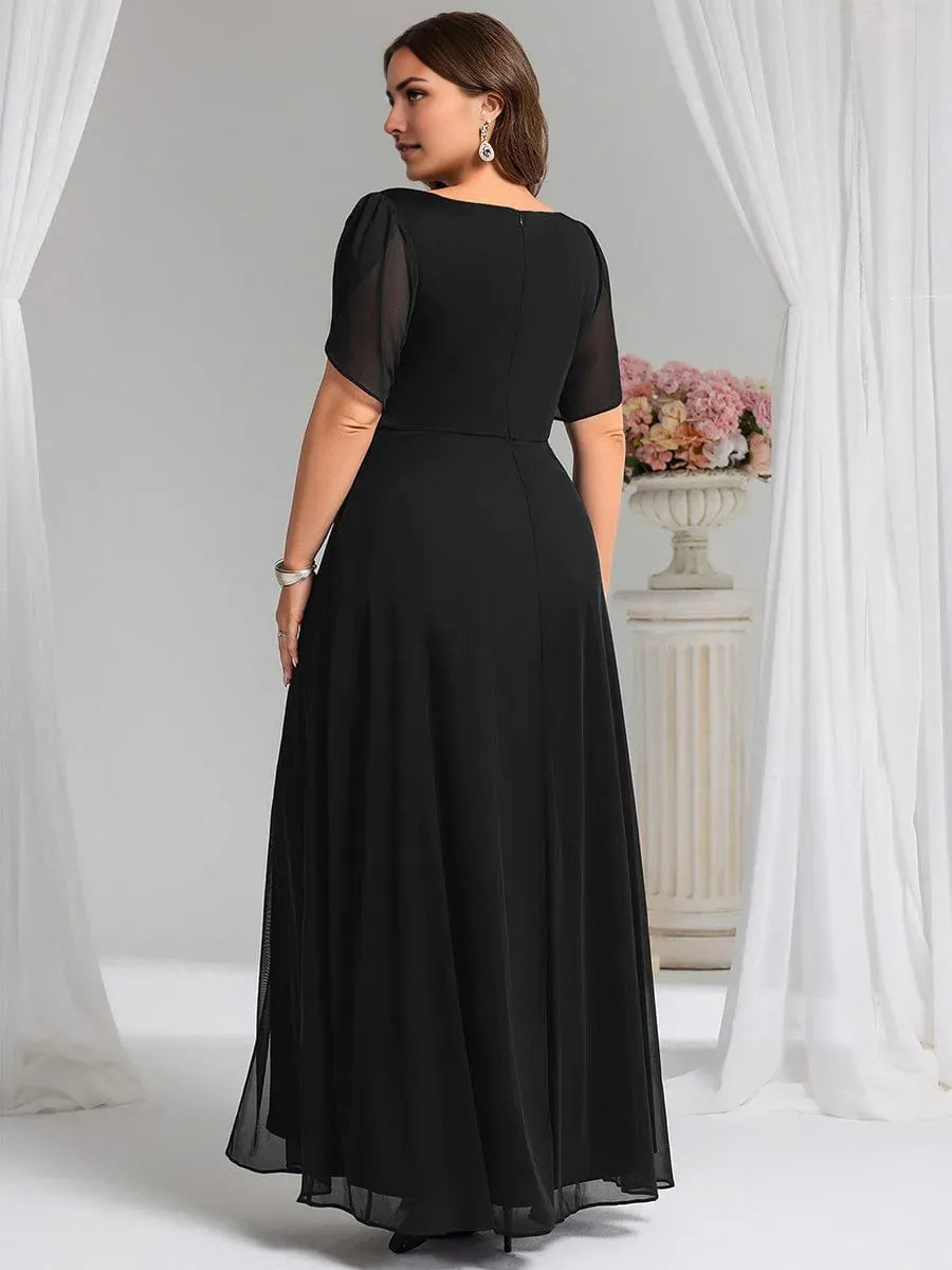 Plus-Size A-Line V -Neck Flutter Sleeve Back Zip Waist Decoration Ruched Bodice Slit Floor-Length Prom Dresses
