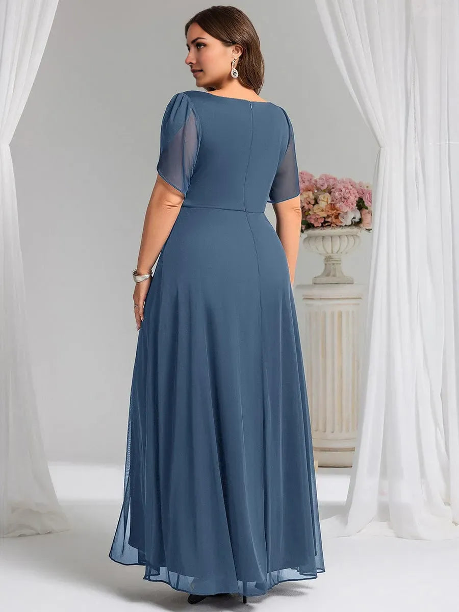 Plus-Size A-Line V -Neck Flutter Sleeve Back Zip Waist Decoration Ruched Bodice Slit Floor-Length Prom Dresses