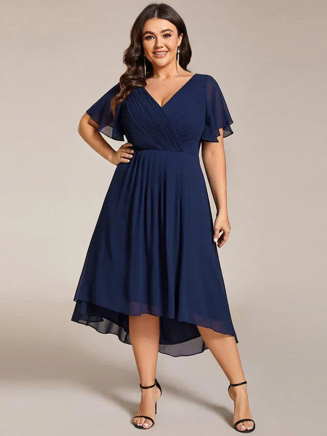 Plus-Size A-Line V-Neck Ruffles Sleeve Back Zip Pleated Bodice Asymmetric Hem Prom Dresses
