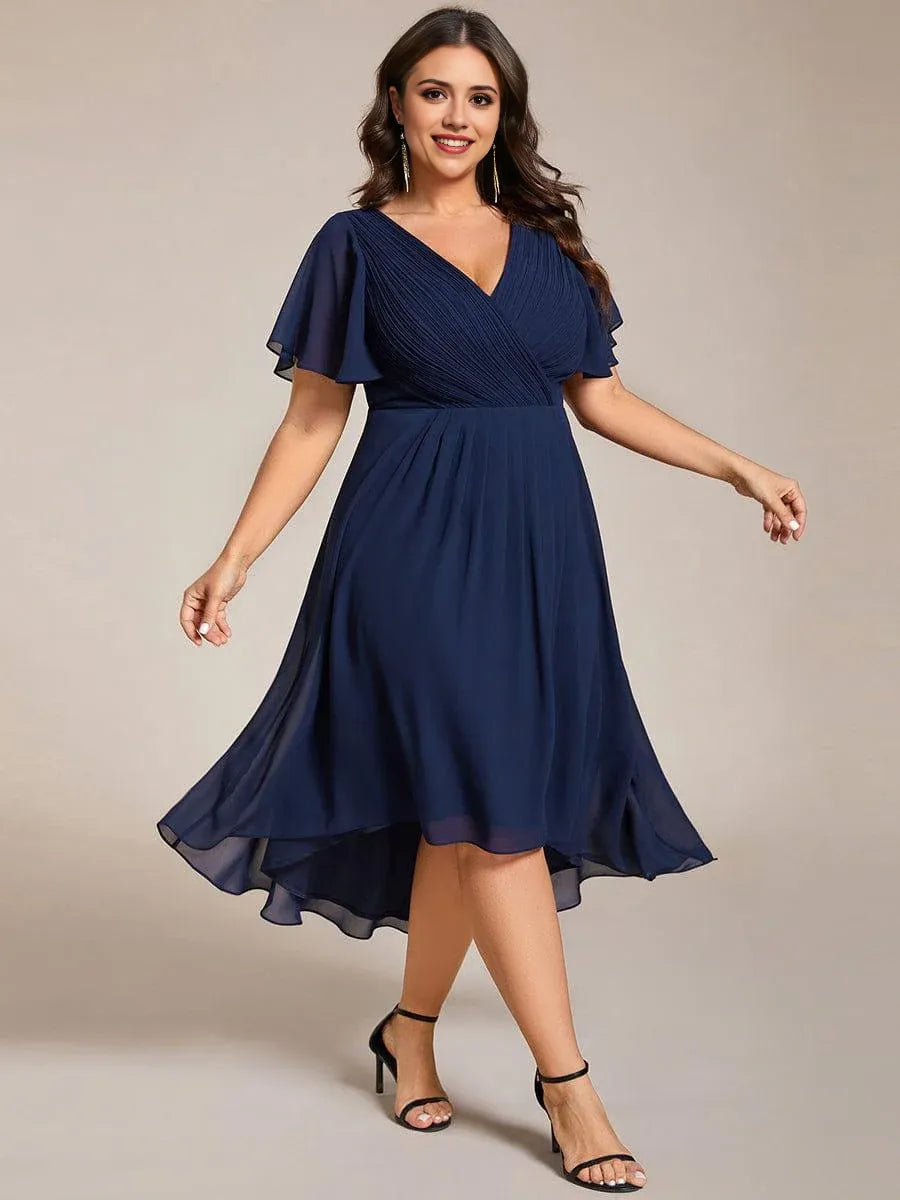 Plus-Size A-Line V-Neck Ruffles Sleeve Back Zip Pleated Bodice Asymmetric Hem Prom Dresses
