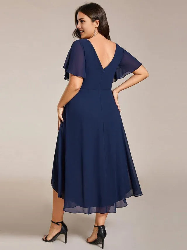 Plus-Size A-Line V-Neck Ruffles Sleeve Back Zip Pleated Bodice Asymmetric Hem Prom Dresses