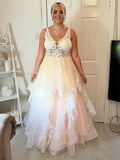 Pink Plus Size A-Line V-Neck Applique Laye Pink Long Prom Dress